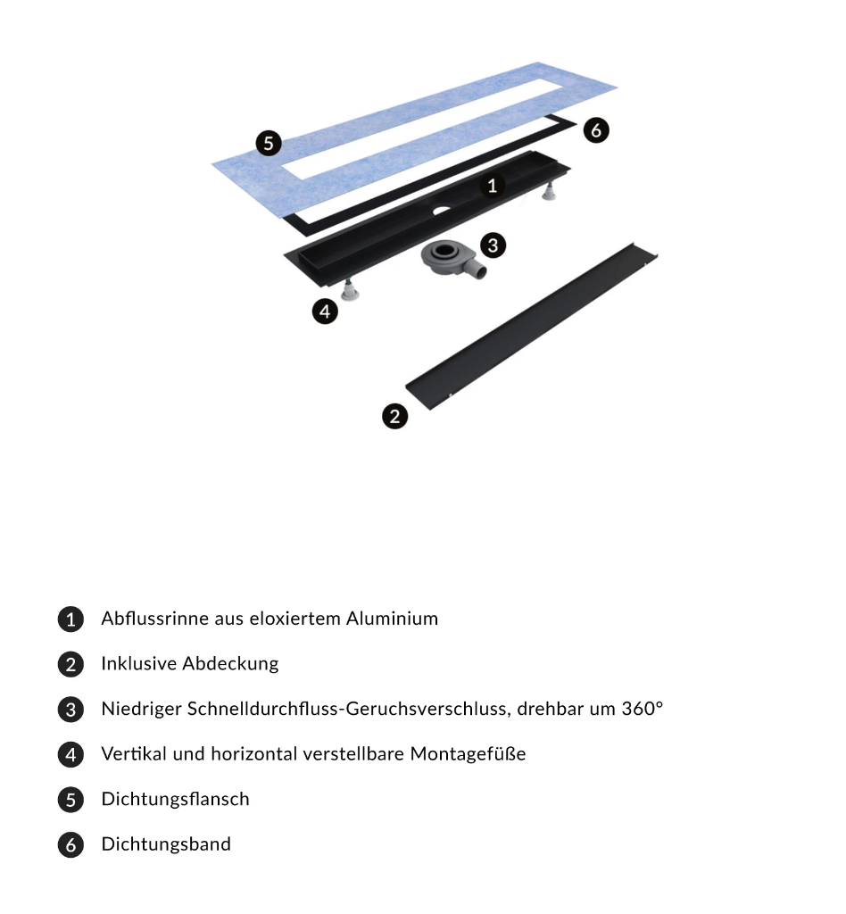 Duschrinne mit befliesbarer Blende, 90 cm LOWFIX90TBL