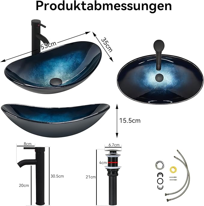 Glas-Waschtisch Aufsatzbecken – Oval, 53 × 35 cm, Farbverlauf Blau-Schwarz, mit Ablaufgarnitur