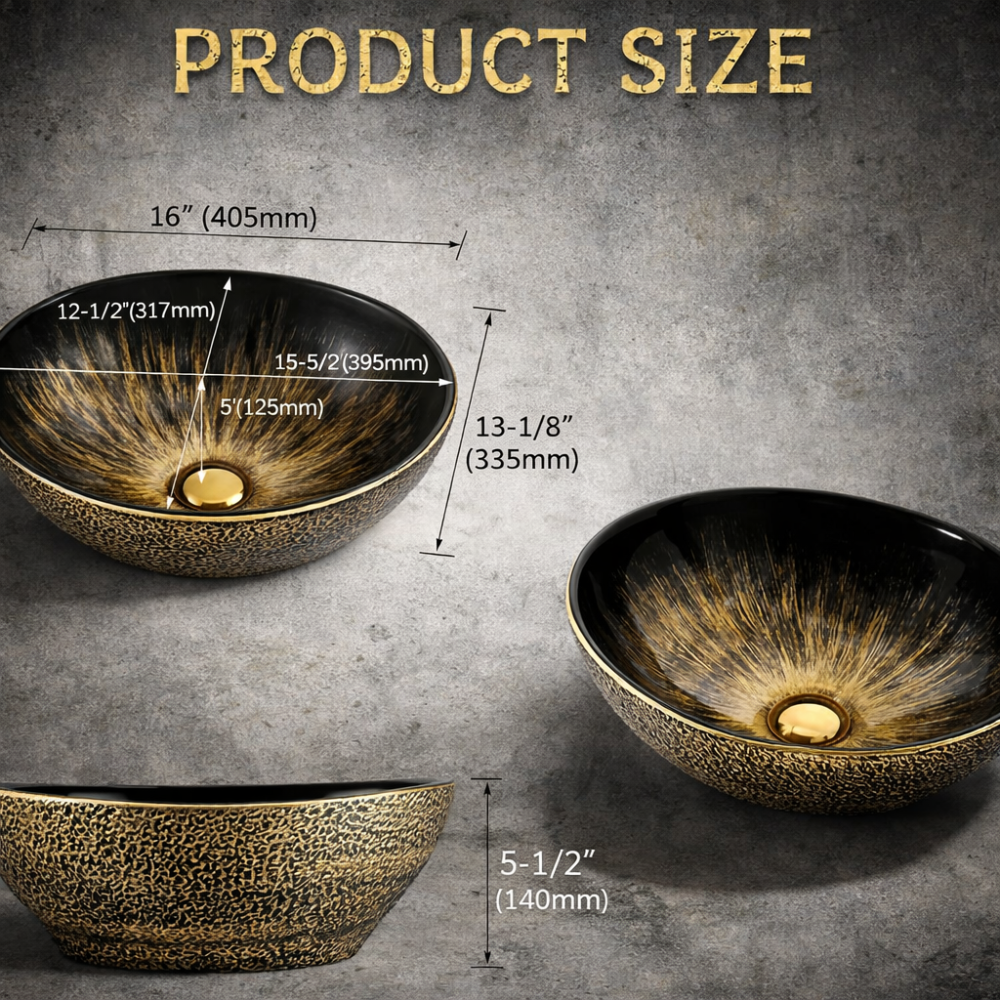 Design-Waschschale aus Keramik – Oval 40,5 × 33,5 × 14 cm, Vintage-Gold 