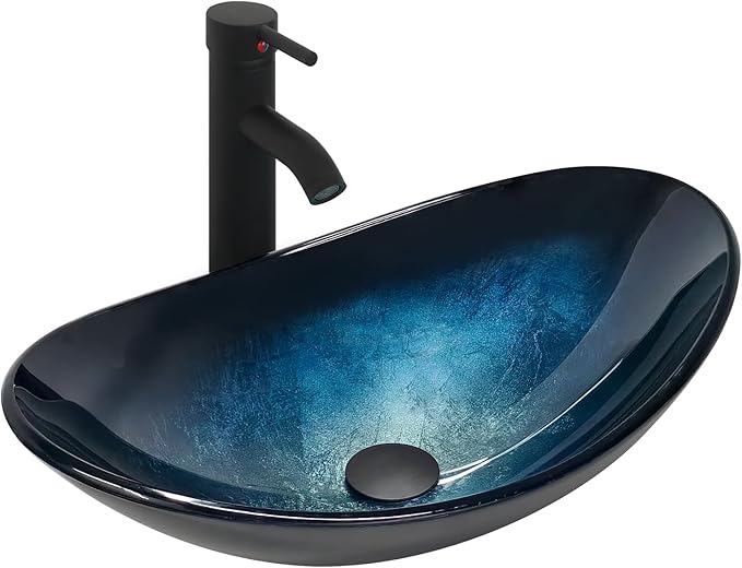 Design-Handwaschbecken mit Ablauf und Wasserhahn (Schwarz Matt) aus Glas– Oval 53 × 35 cm, Blau-Schwarz Verlauf