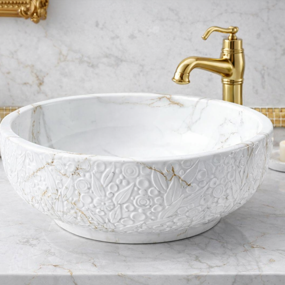 Design-Aufsatzwaschbecken Keramik – Rund 420 × 160 mm, Jazz White Marmor