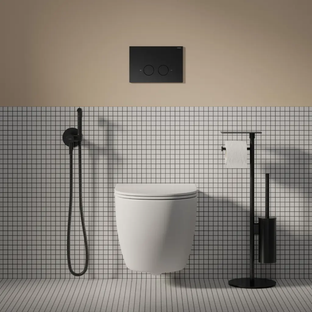 ECO FLUSH SET Strongframe Vorwandelement mit ECO-Spülung für Wand-WC + STEEL-R45 WC-Betätigungsplatte aus Edelstahl  Schwarz seidenmatt (BLH)STFWCECO1R45-RBL