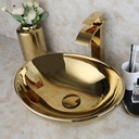Design-Aufsatzwaschbecken mit Ablauf und Wasserhahn (Gold) aus Keramik – Oval 17 Zoll